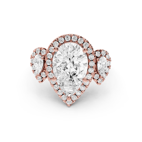 Iris - 3ct 14k rose gold Three stone pear Halo engagement ring