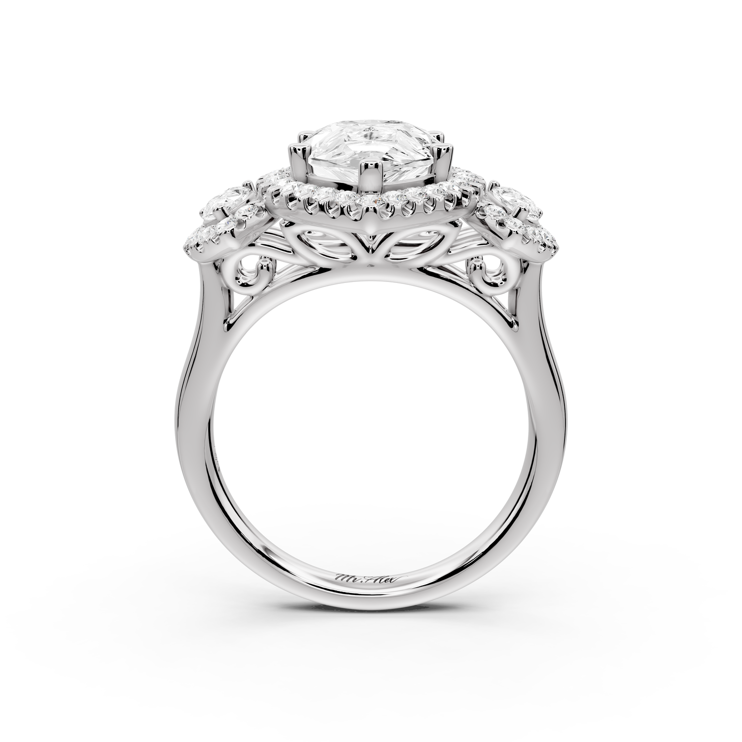 Iris - 3ct 14k white gold Three stone pear Halo engagement ring