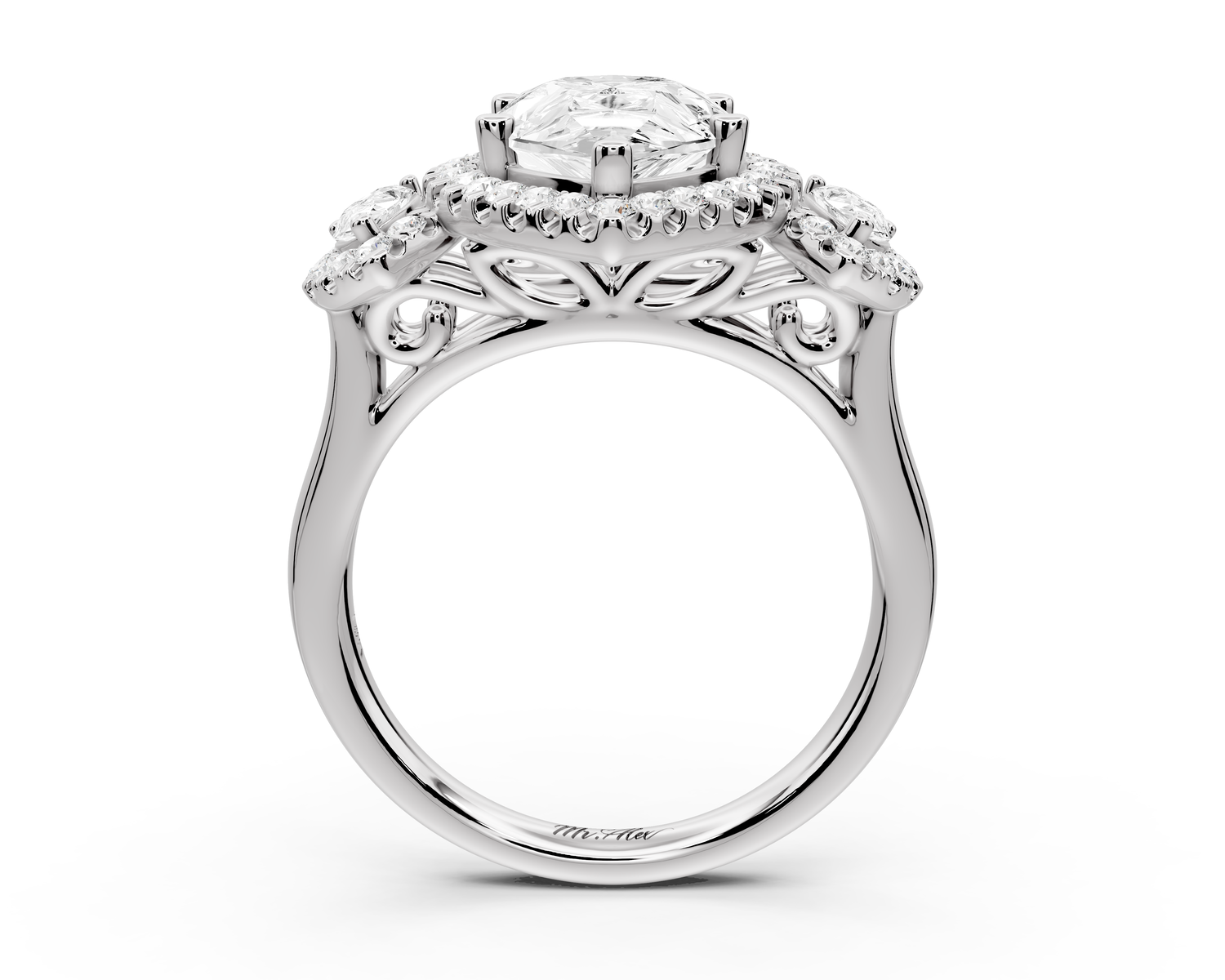 Iris - 3ct 18k white gold Three stone pear Halo engagement ring