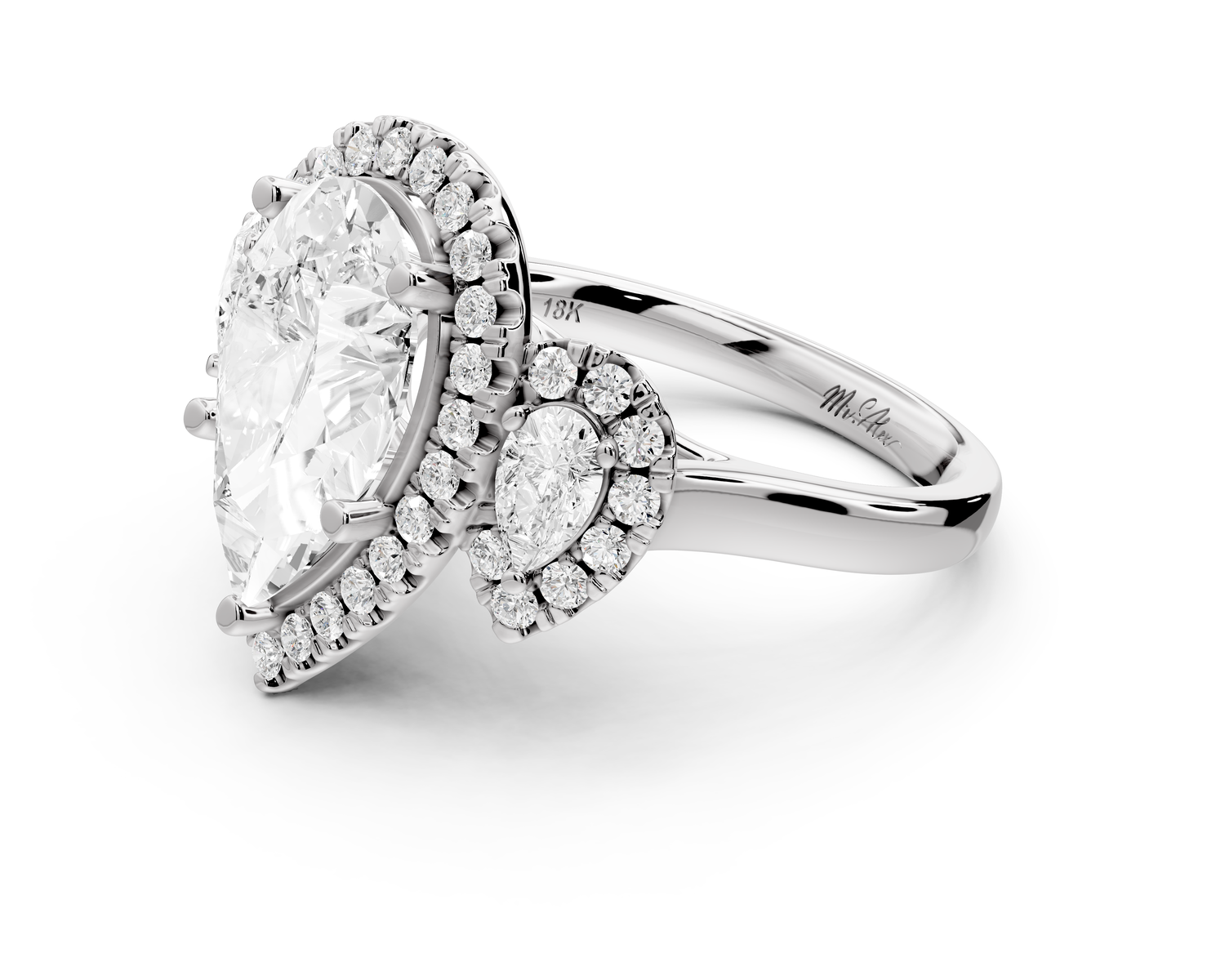 Iris - 3ct 18k white gold Three stone pear Halo engagement ring