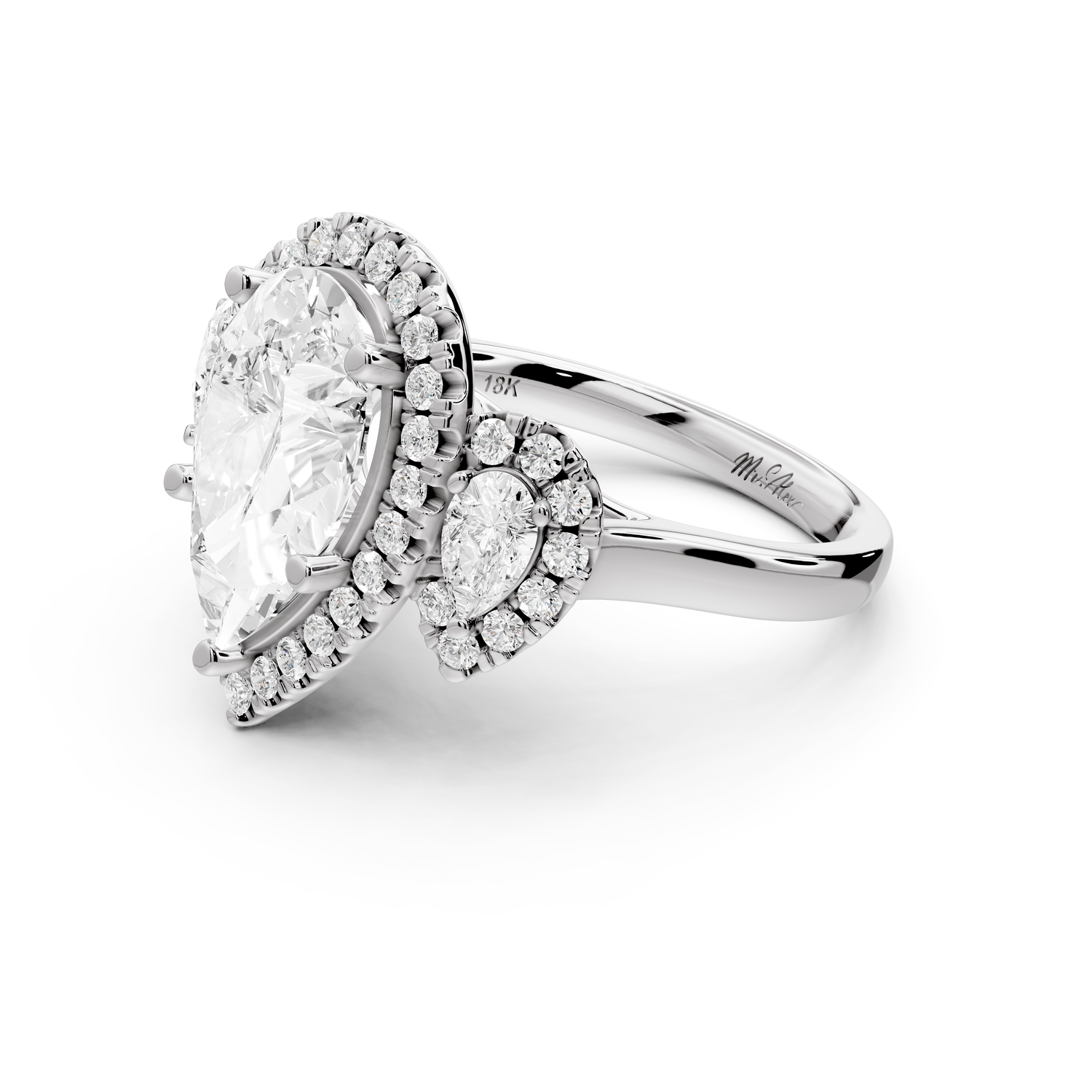 Iris - 3ct 18k white gold Three stone pear Halo engagement ring