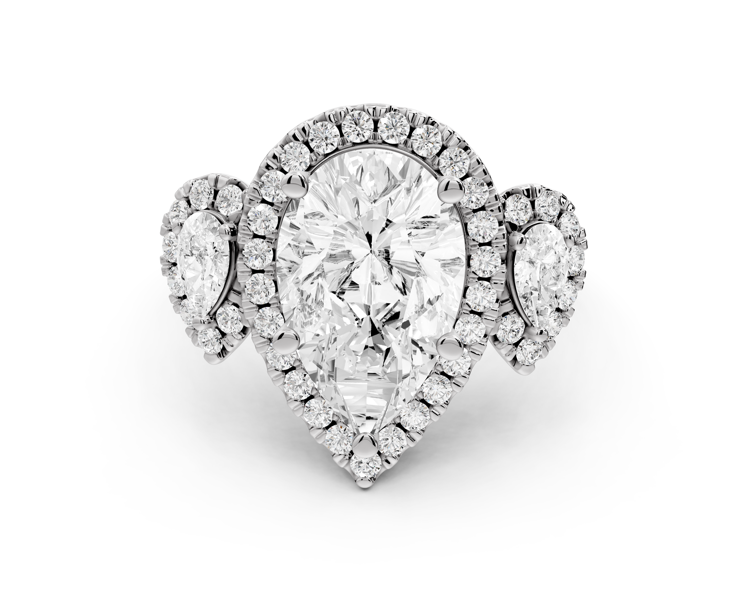 Iris - 3ct 18k white gold Three stone pear Halo engagement ring
