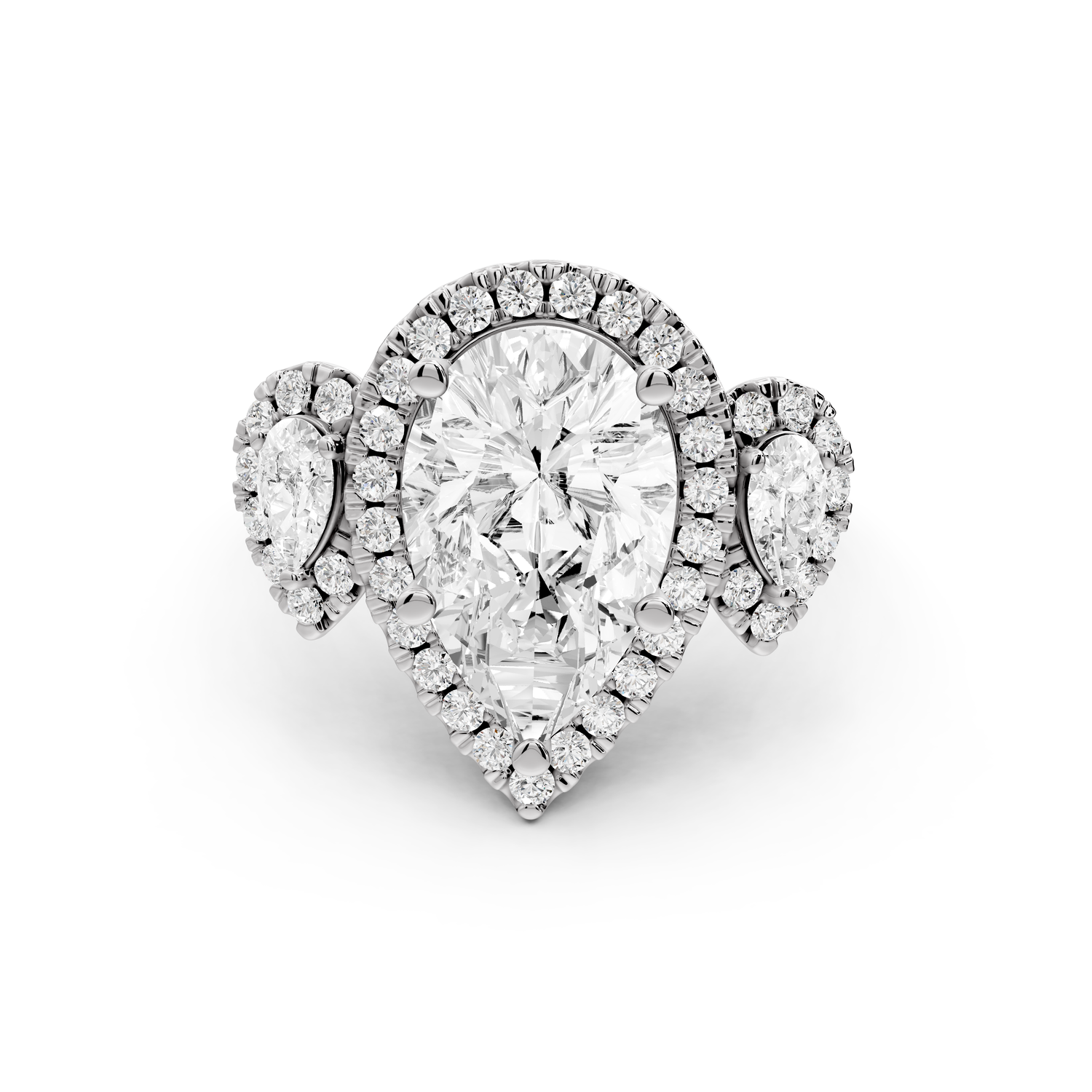 Iris - 3ct platinum Three stone pear Halo engagement ring