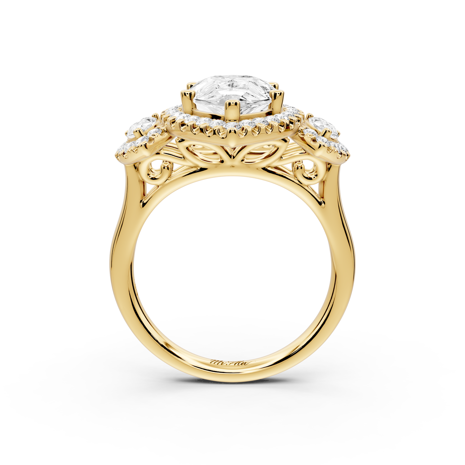 Iris - 3ct 14k yellow gold Three stone pear Halo engagement ring