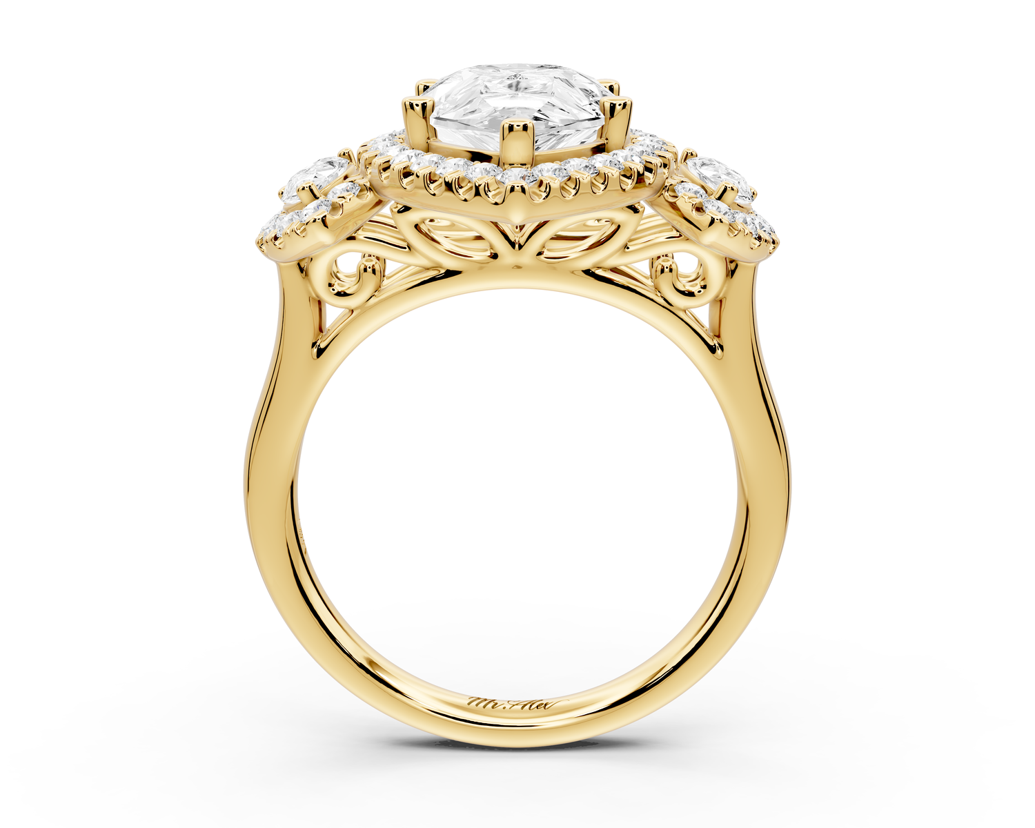 Iris - 3ct 18k yellow gold Three stone pear Halo engagement ring