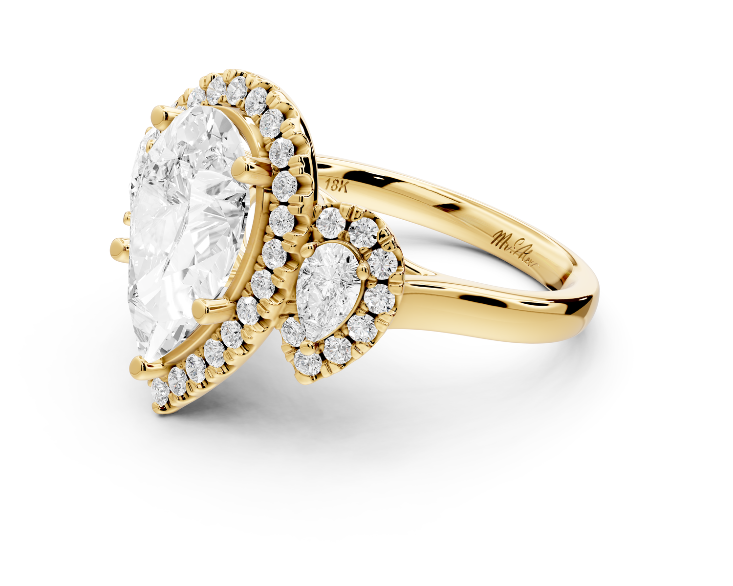 Iris - 3ct 18k yellow gold Three stone pear Halo engagement ring