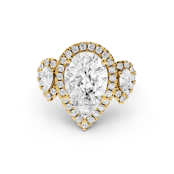 Iris - 3ct 14k yellow gold Three stone pear Halo engagement ring