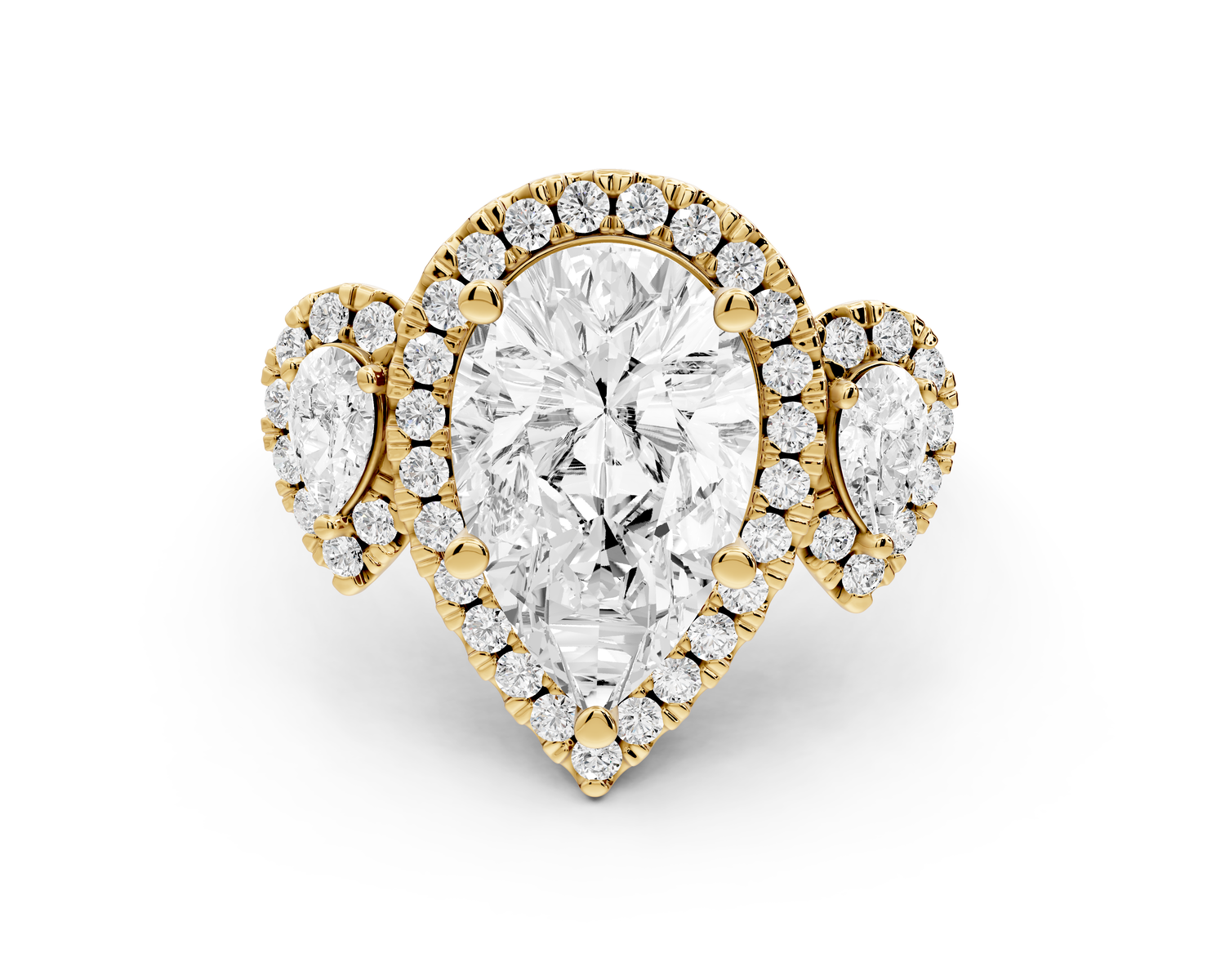 Iris - 3ct 18k yellow gold Three stone pear Halo engagement ring