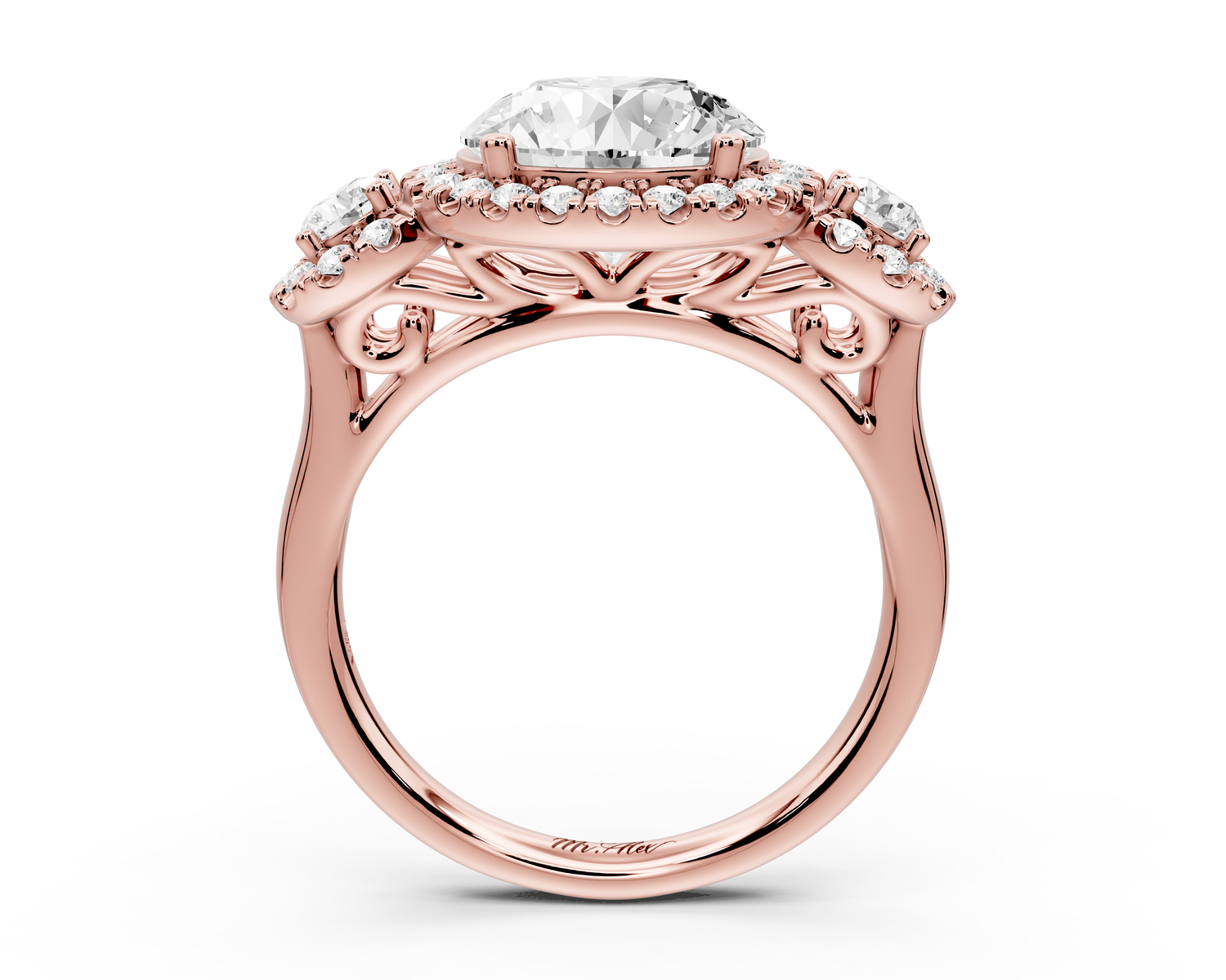 Iris - 3ct 14k rose gold Three stone round Halo engagement ring