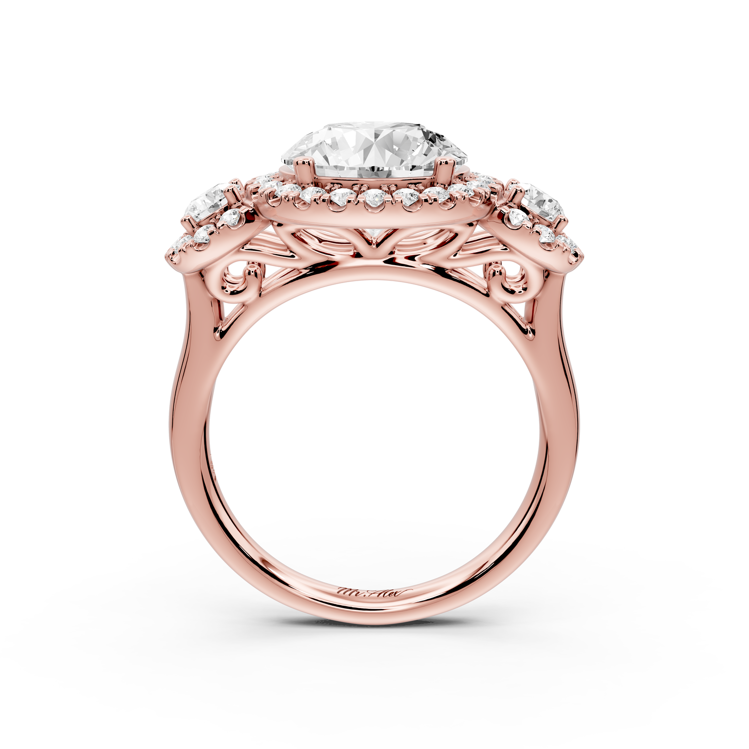 Iris - 3ct 14k rose gold Three stone round Halo engagement ring