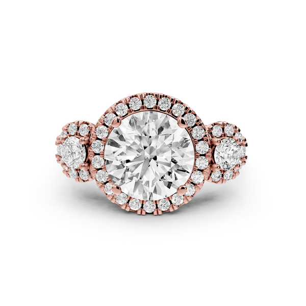 Iris - 3ct 14k rose gold Three stone round Halo engagement ring