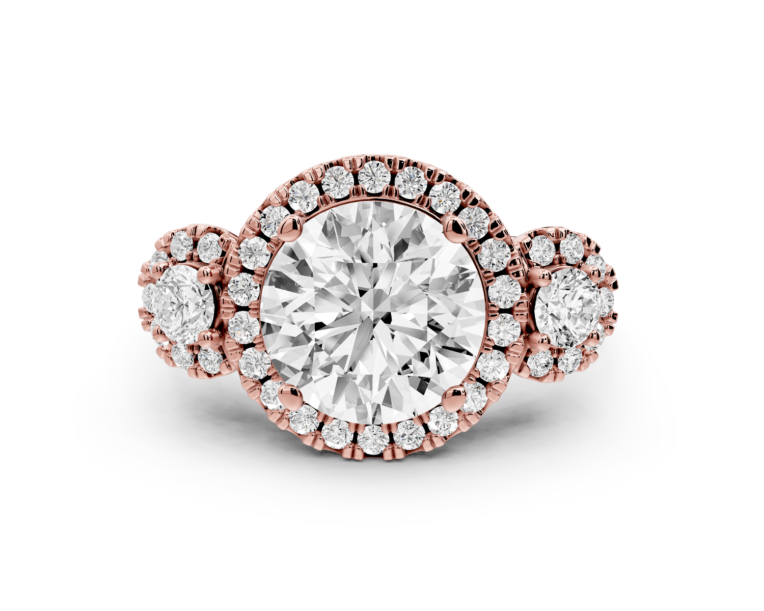 Iris - 3ct 18k rose gold Three stone round Halo engagement ring