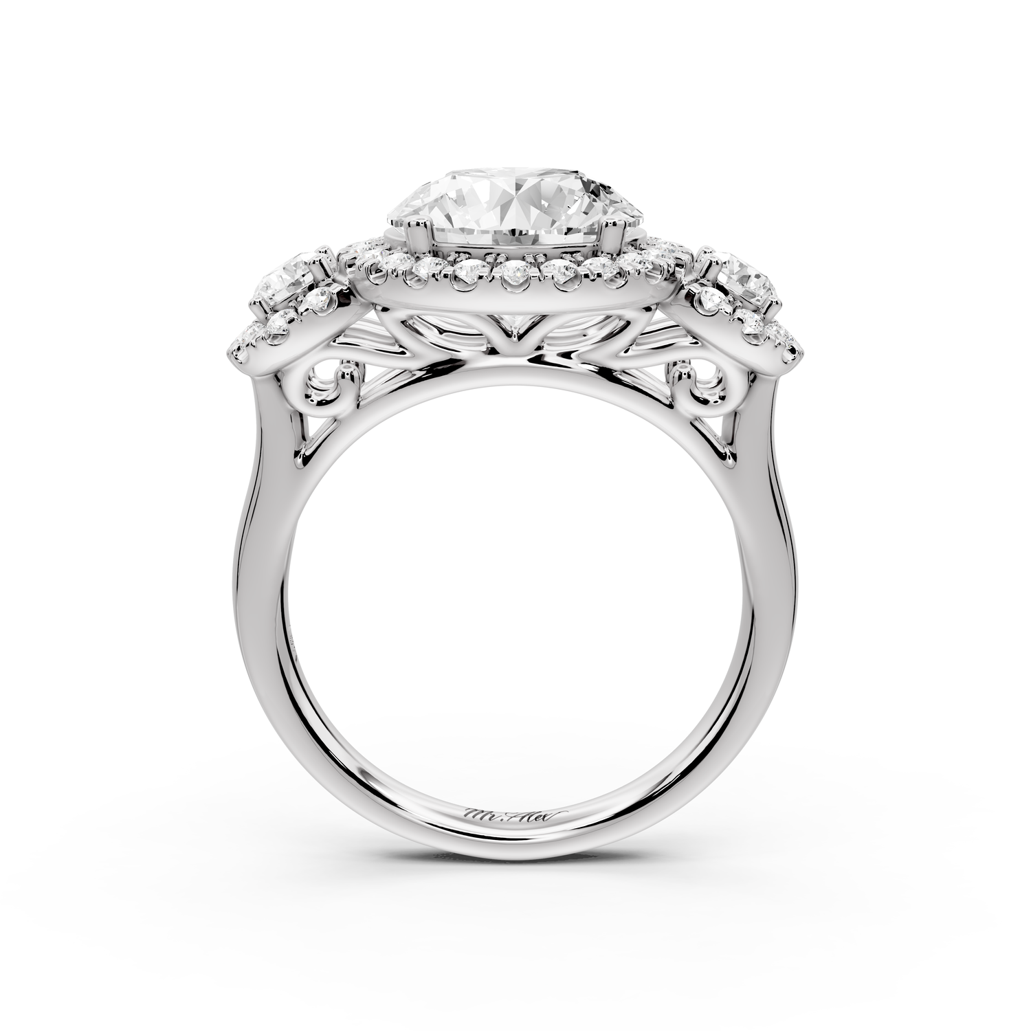 Iris - 3ct 14k white gold Three stone round Halo engagement ring