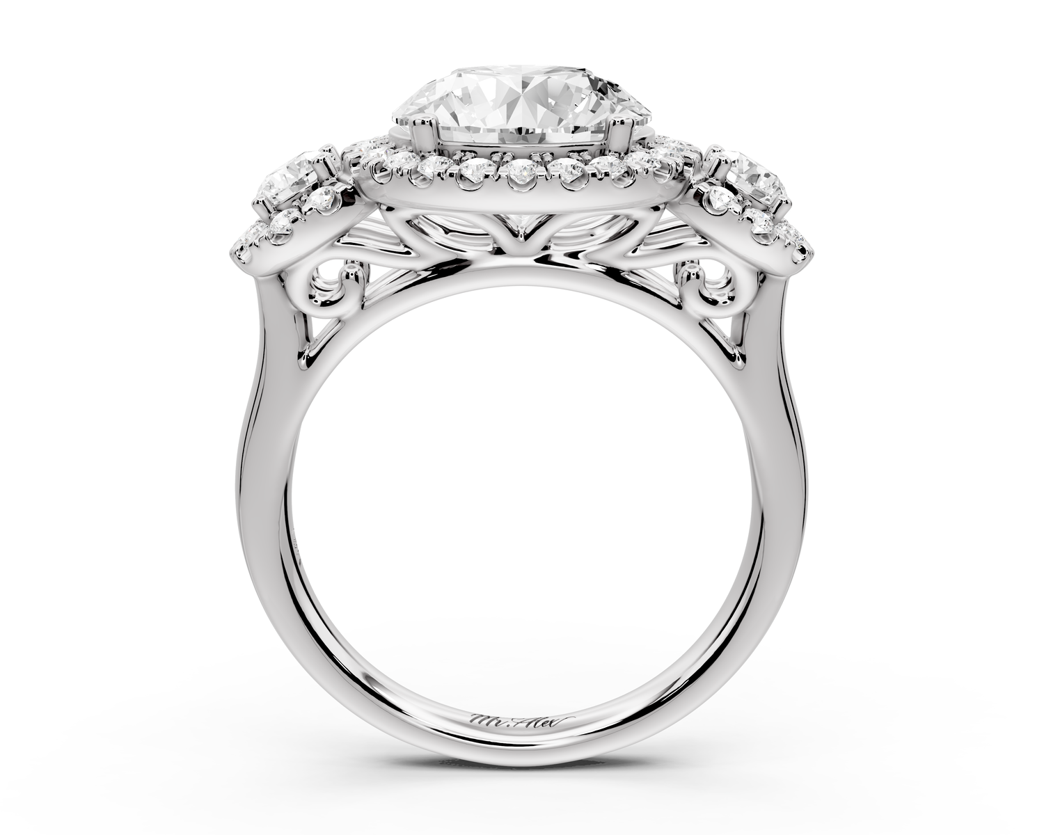 Iris - 3ct 18k white gold Three stone round Halo engagement ring