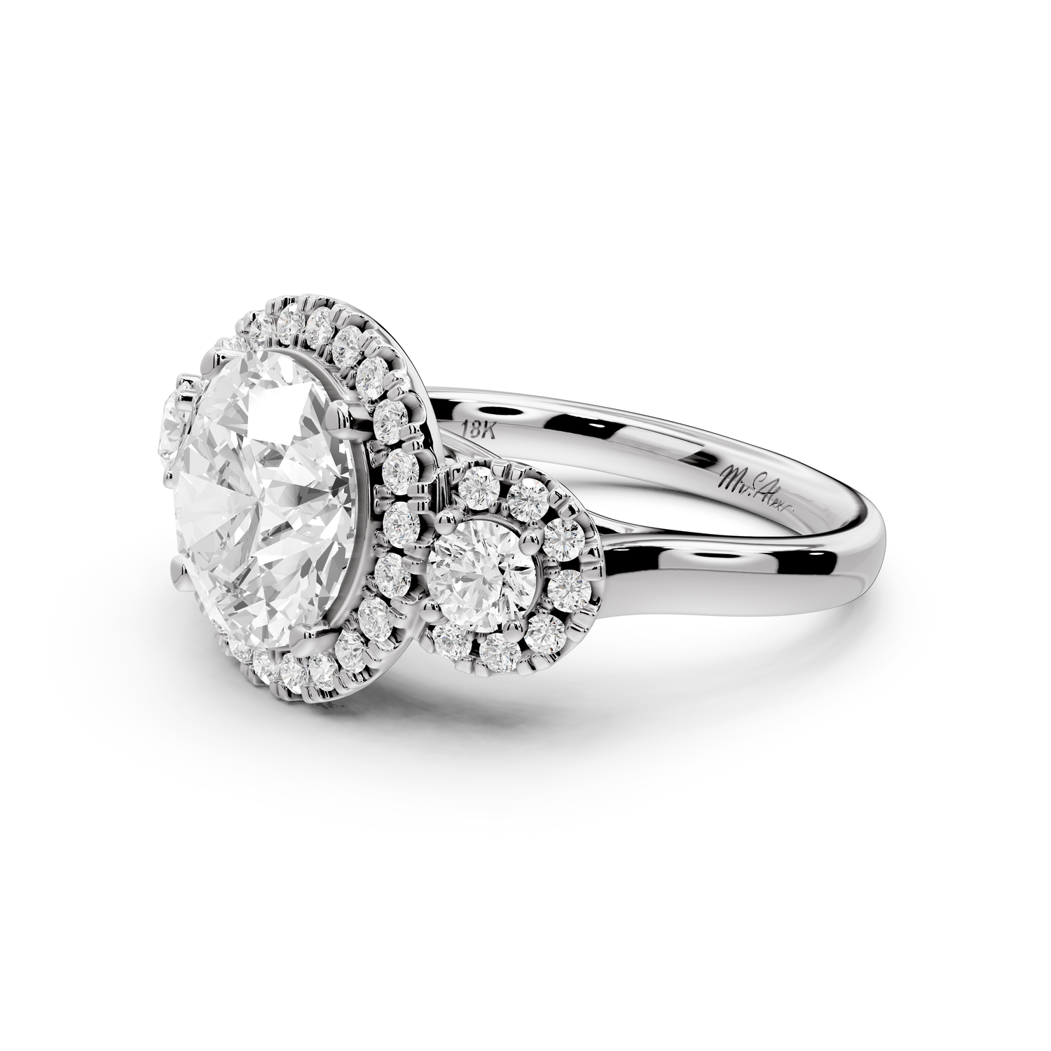 Iris - 3ct 14k white gold Three stone round Halo engagement ring