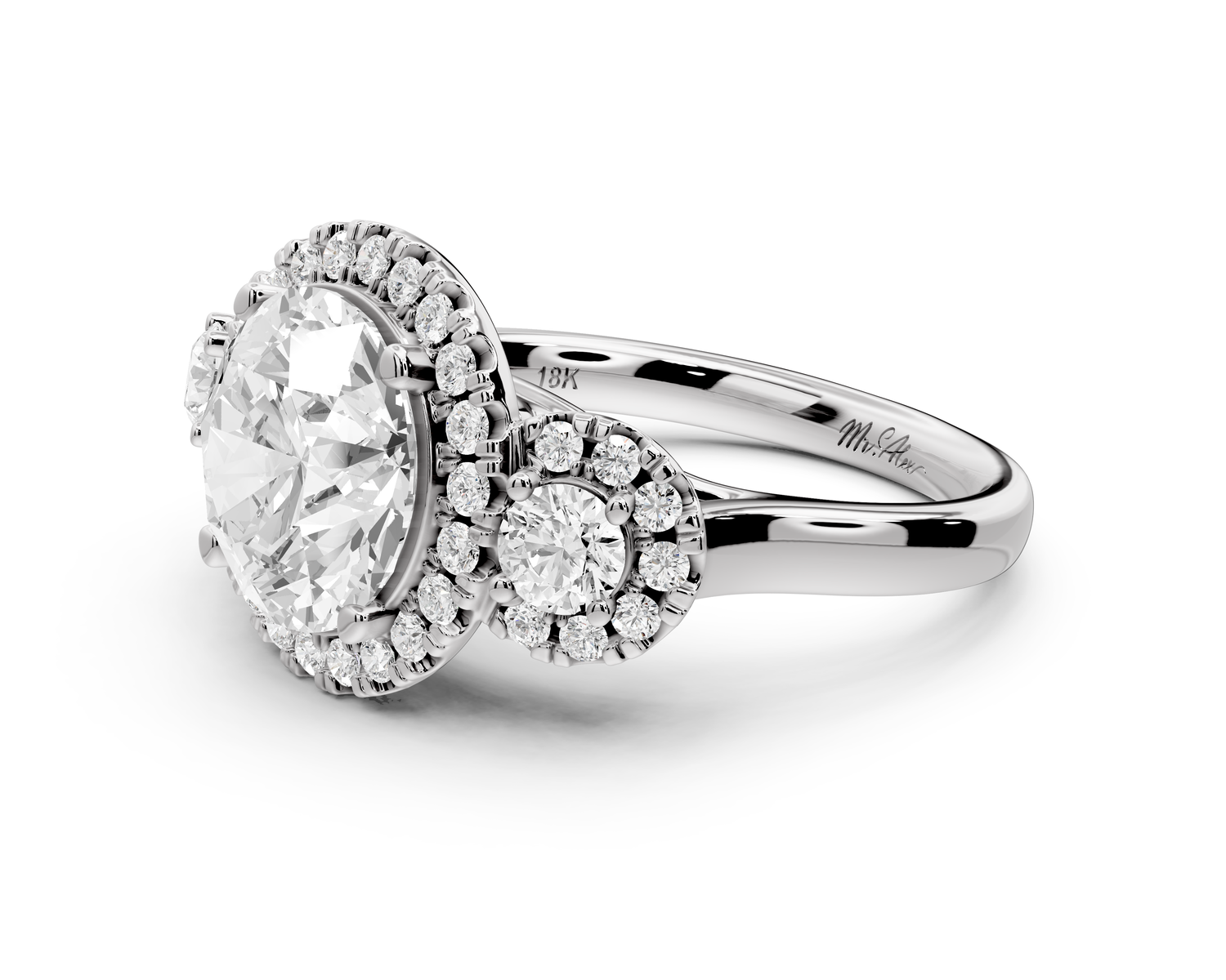 Iris - 3ct 18k white gold Three stone round Halo engagement ring