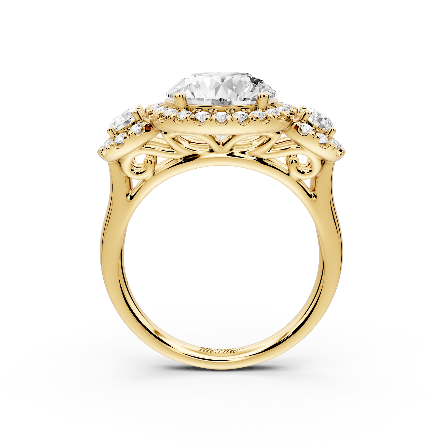 Iris - 3ct 14k yellow gold Three stone round Halo engagement ring