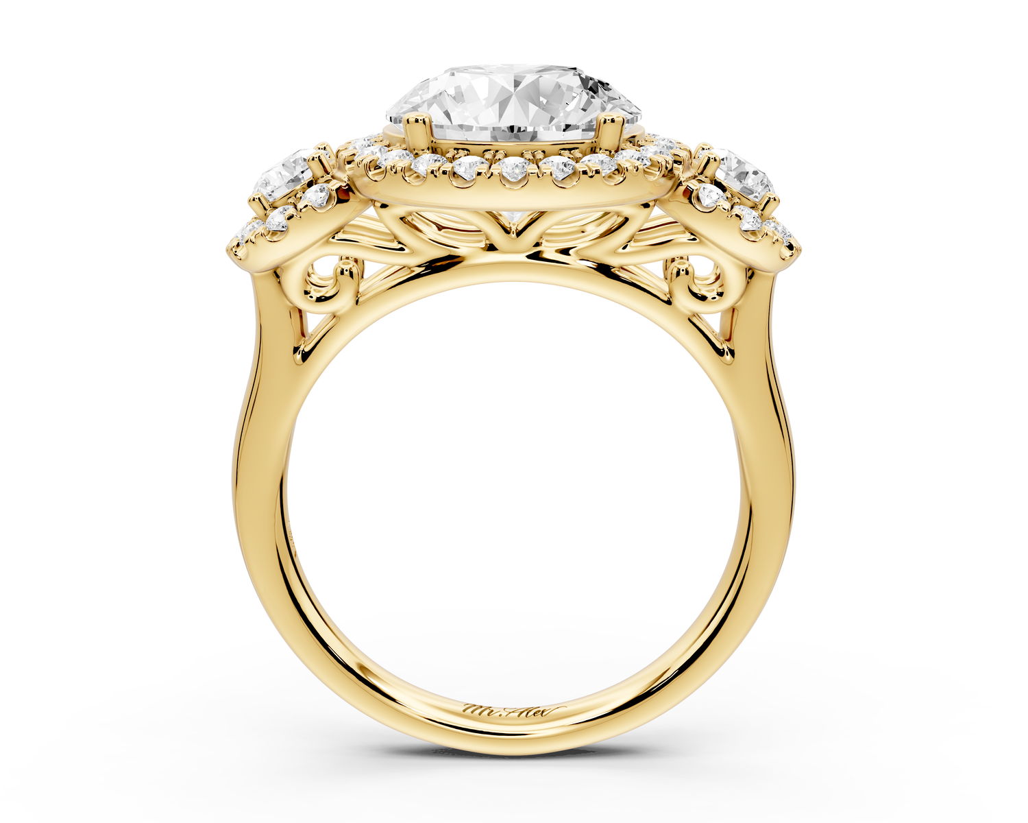 Iris - 3ct 18k yellow gold Three stone round Halo engagement ring