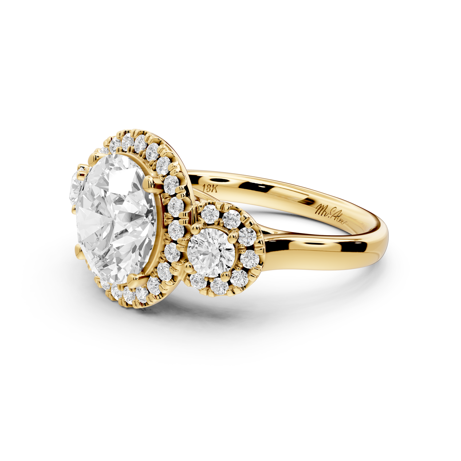 Iris - 3ct 14k yellow gold Three stone round Halo engagement ring