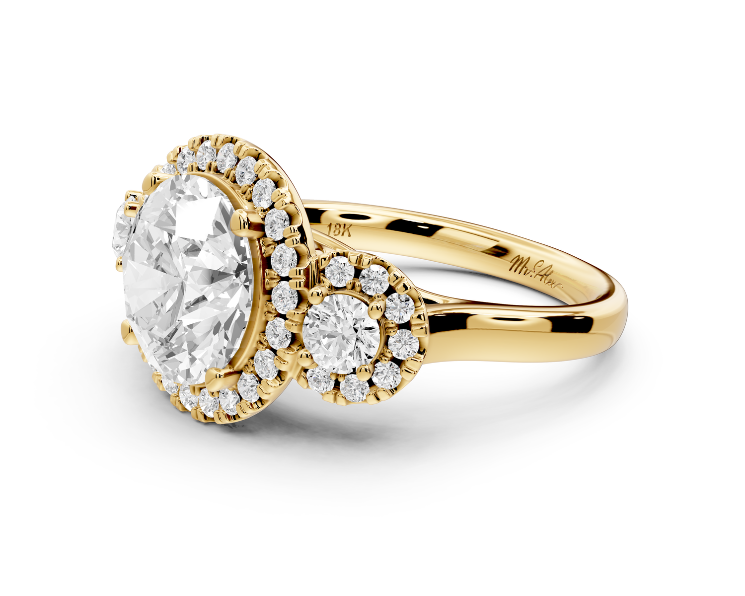 Iris - 3ct 18k yellow gold Three stone round Halo engagement ring