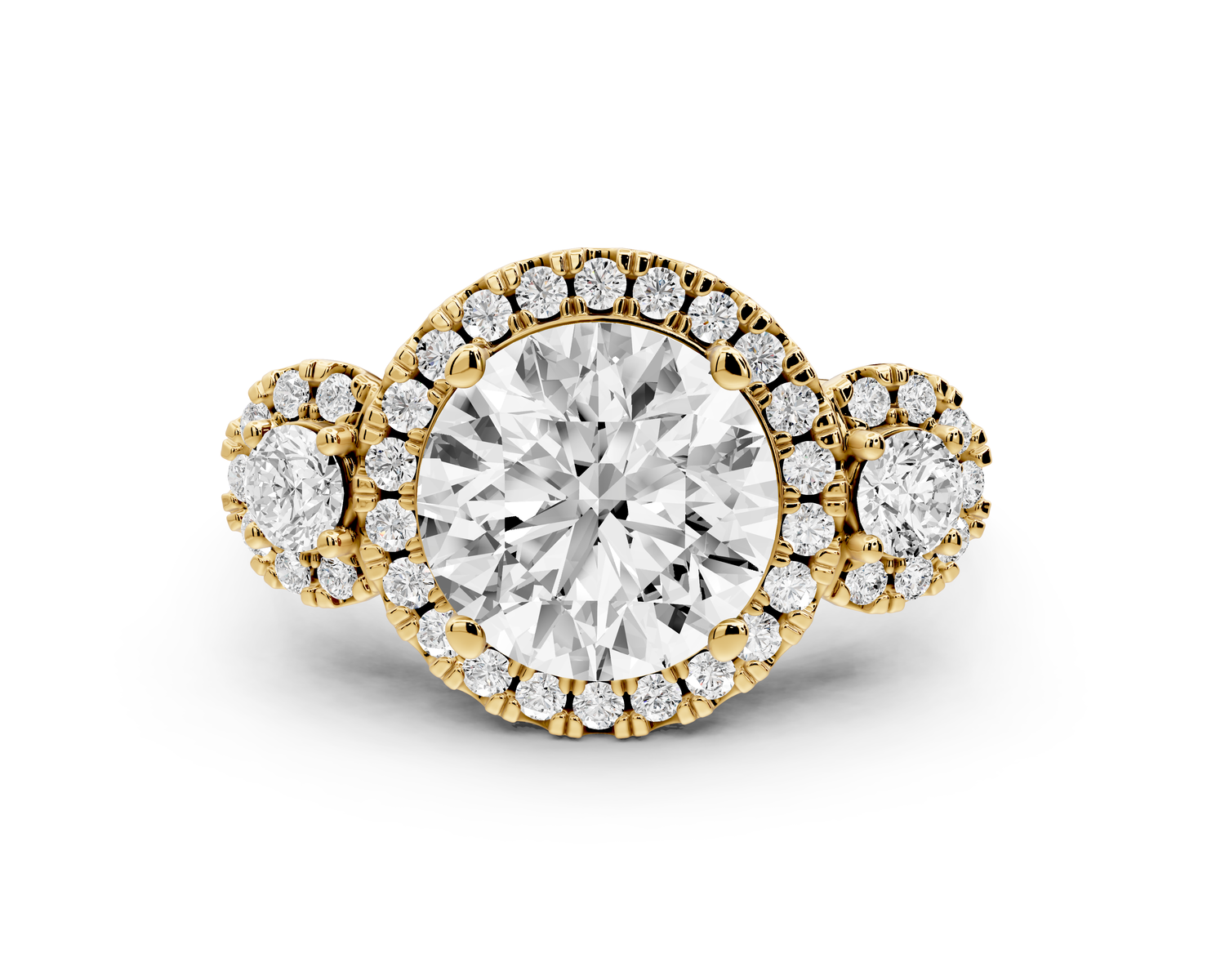 Iris - 3ct 14k yellow gold Three stone round Halo engagement ring