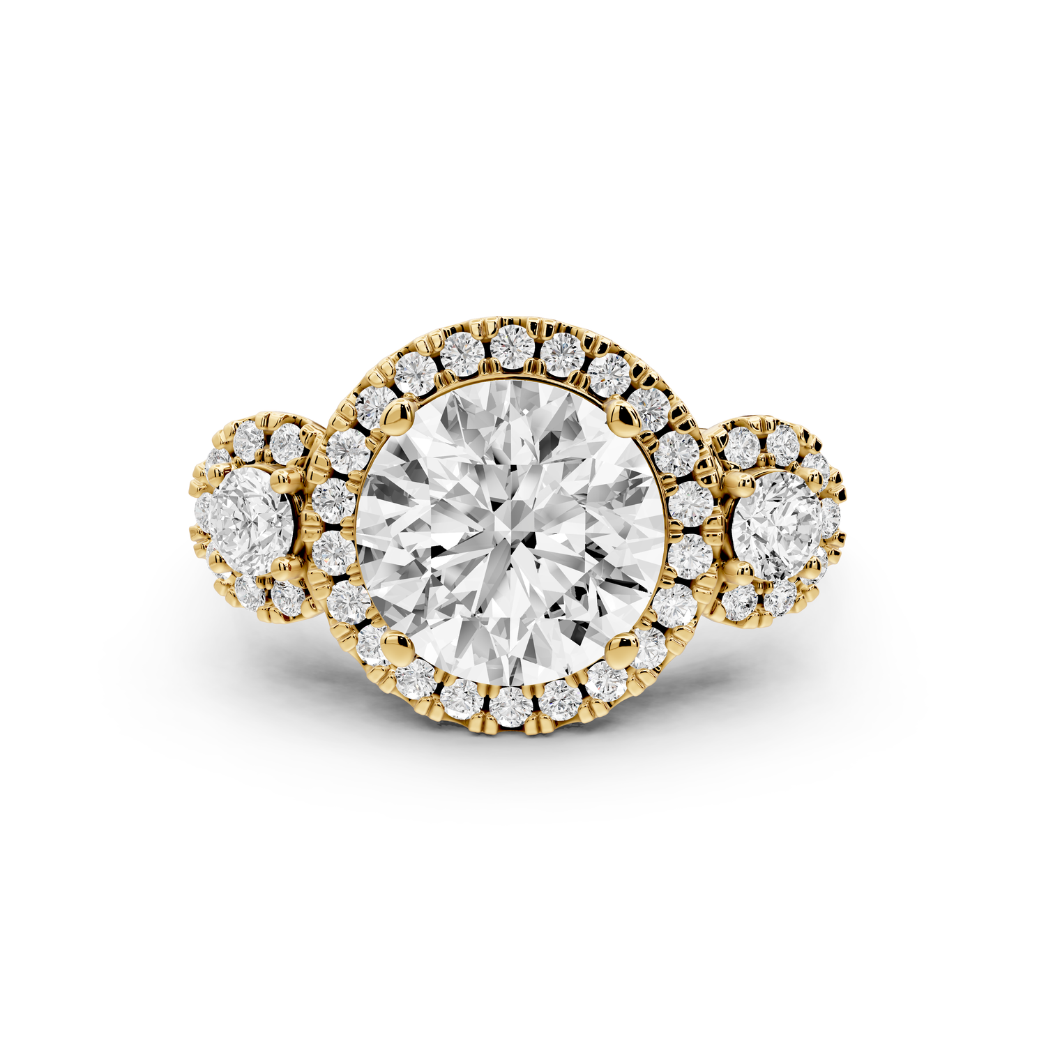Iris - 3ct 14k yellow gold Three stone round Halo engagement ring