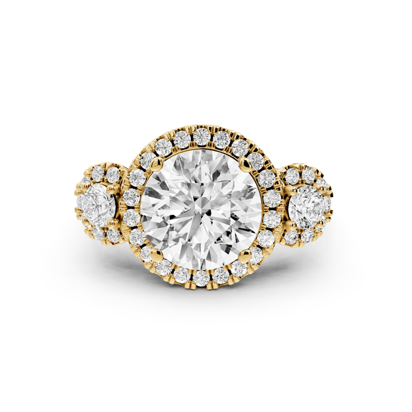 Iris - 3ct 14k yellow gold Three stone round Halo engagement ring