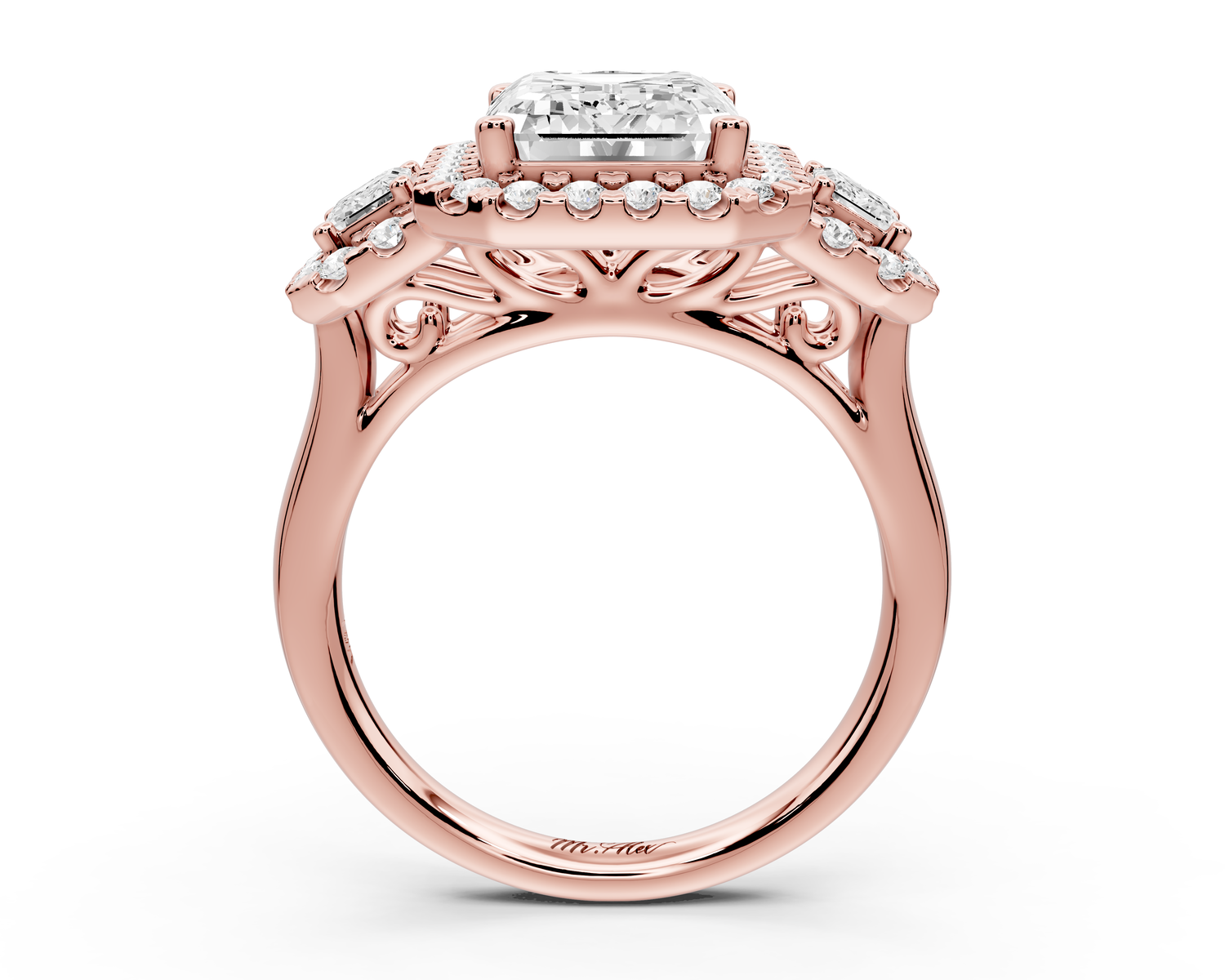 Iris - 4ct 14k rose gold Three stone emerald Halo engagement ring