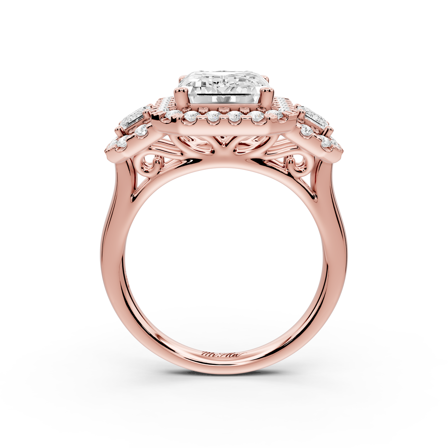 Iris - 4ct 14k rose gold Three stone emerald Halo engagement ring