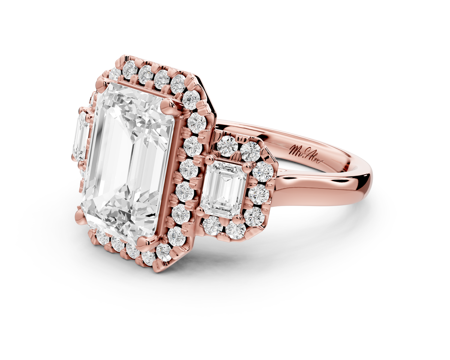 Iris - 4ct 14k rose gold Three stone emerald Halo engagement ring