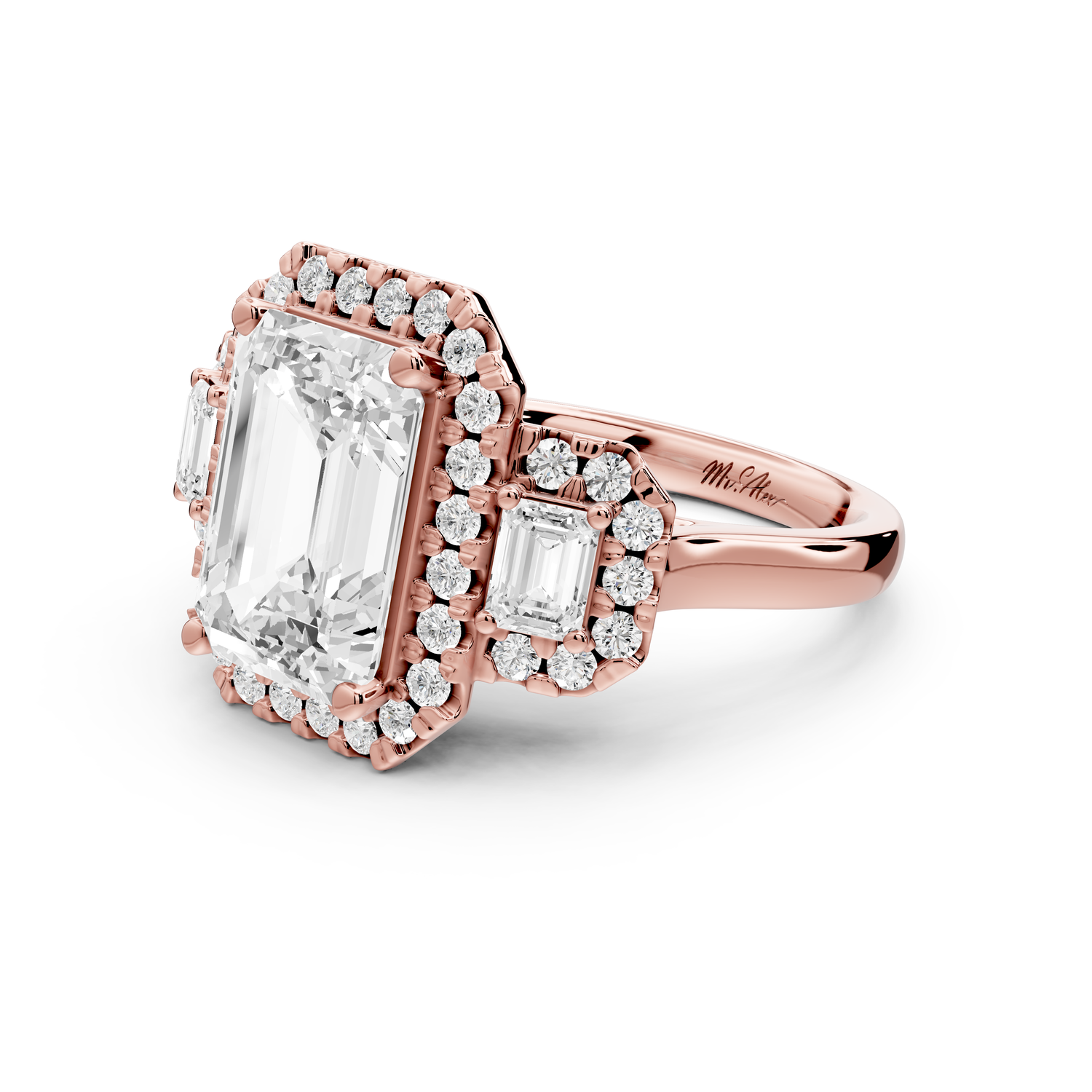 Iris - 4ct 14k rose gold Three stone emerald Halo engagement ring