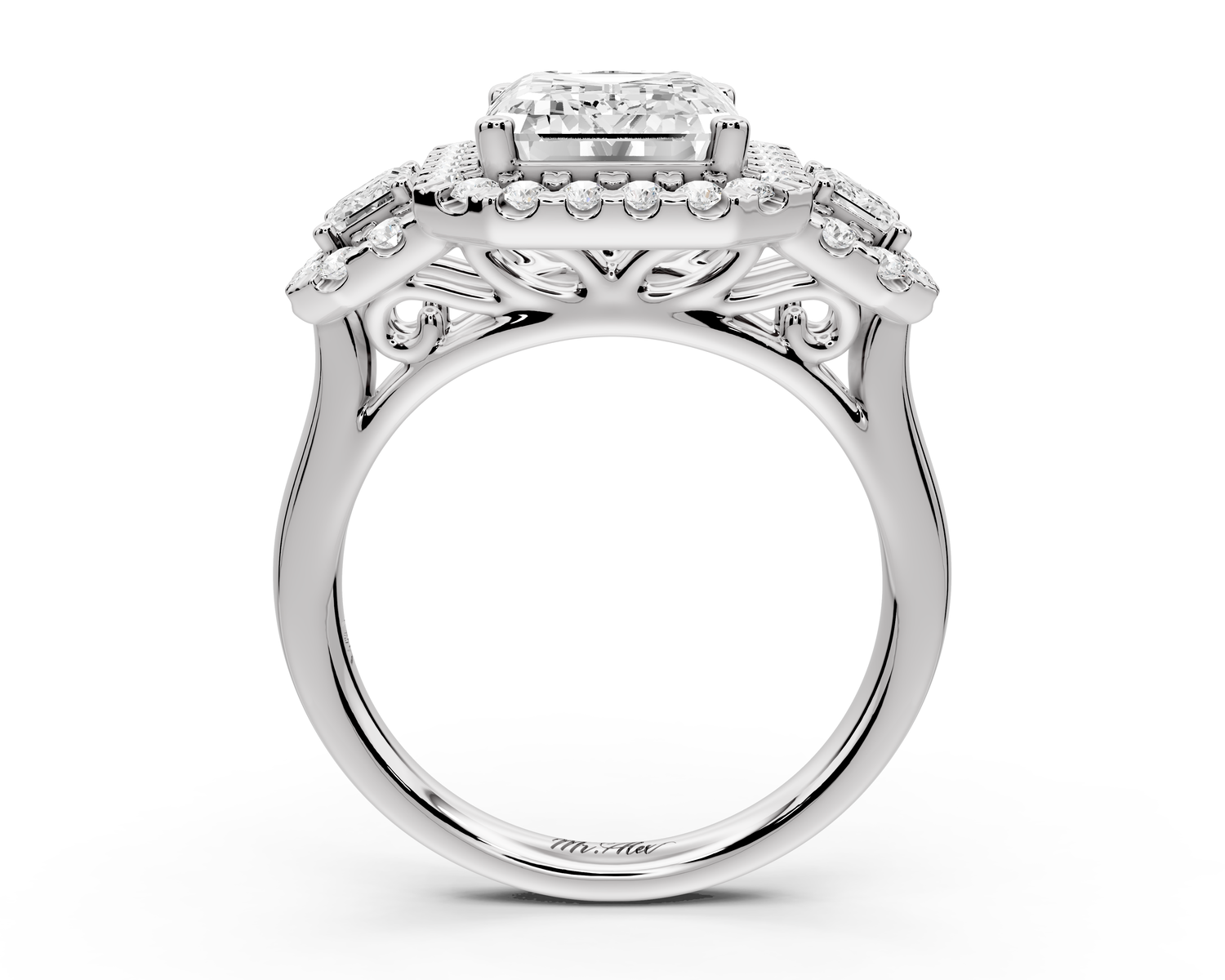 Iris - 4ct 14k white gold Three stone emerald Halo engagement ring