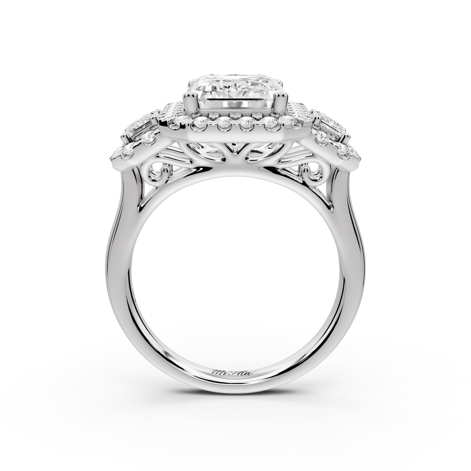 Iris - 4ct 14k white gold Three stone emerald Halo engagement ring