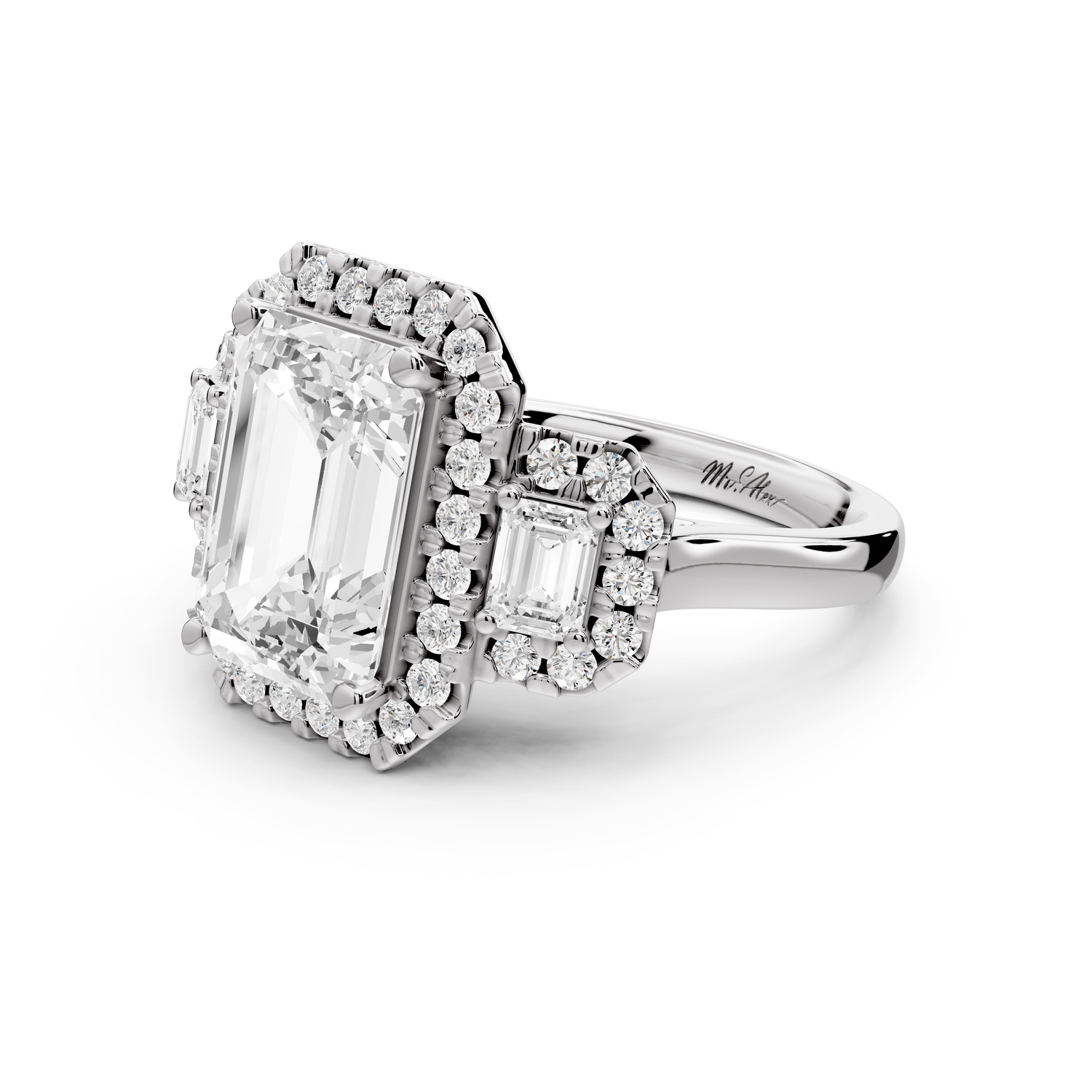 Iris - 4ct 14k white gold Three stone emerald Halo engagement ring