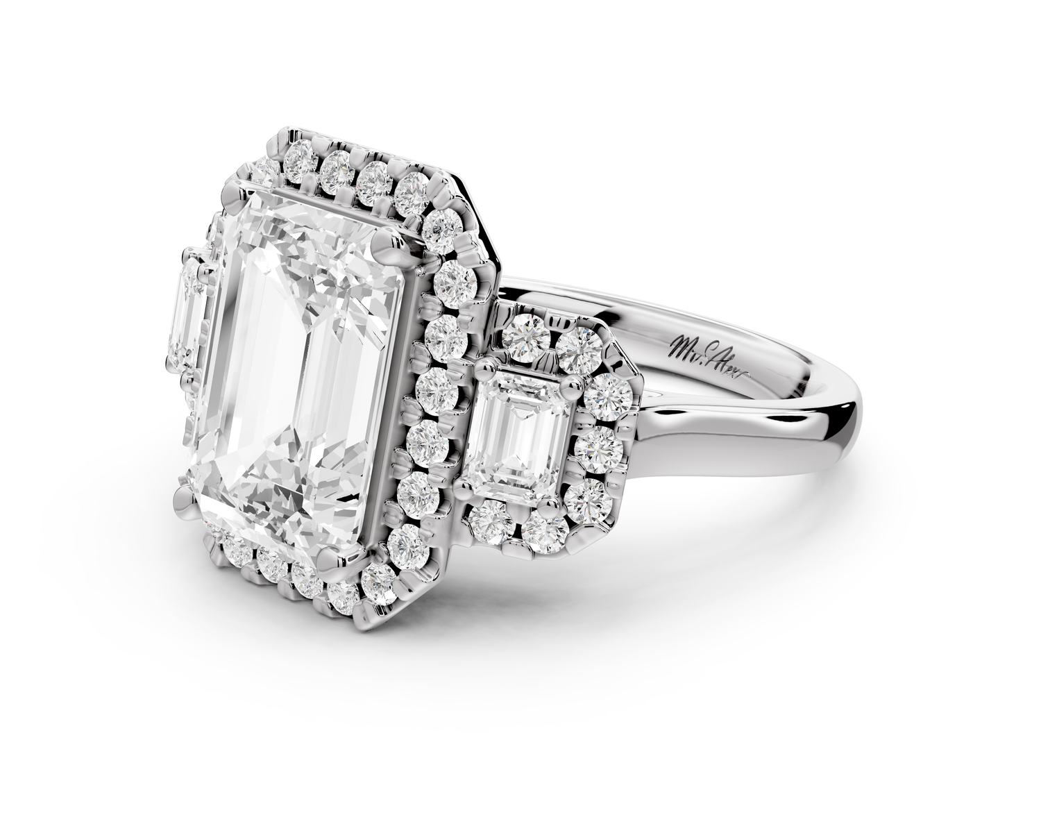 Iris - 4ct 18k white gold Three stone emerald Halo engagement ring