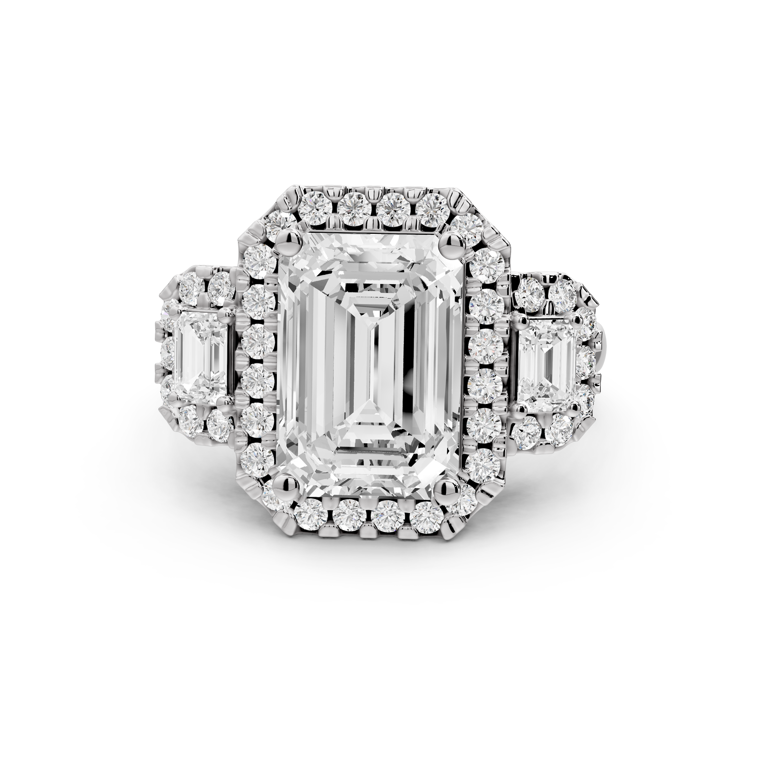 Iris - 4ct 14k white gold Three stone emerald Halo engagement ring