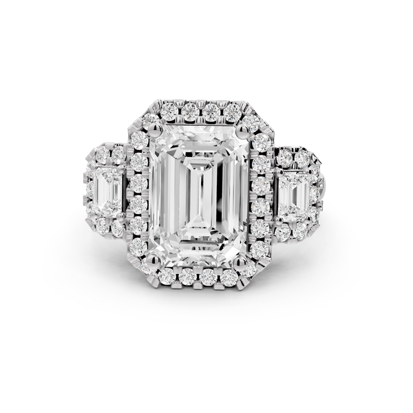 Iris - 4ct 14k white gold Three stone emerald Halo engagement ring