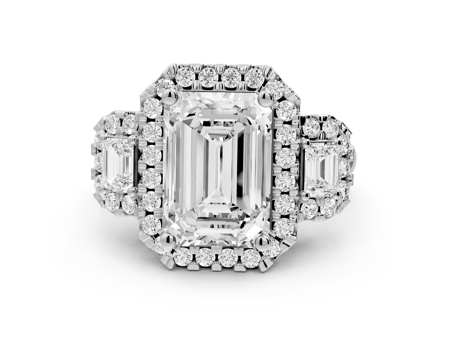 Iris - 4ct 18k white gold Three stone emerald Halo engagement ring