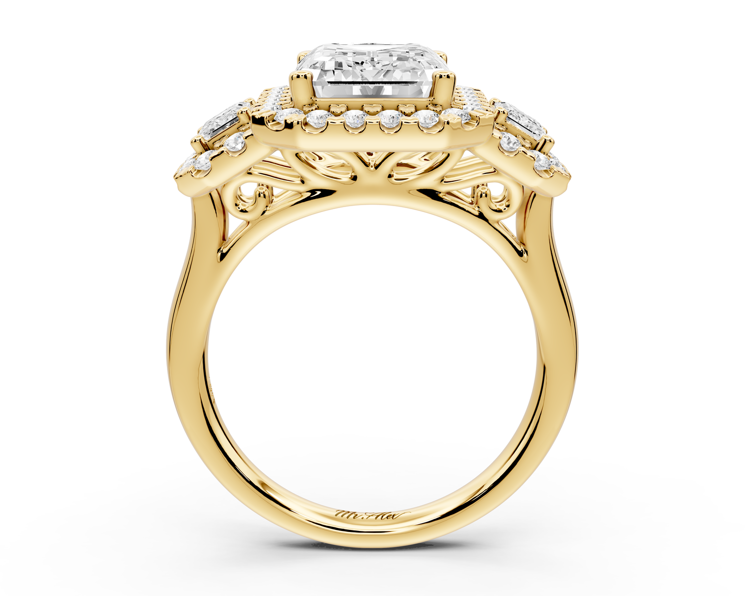 Iris - 4ct 14k yellow gold Three stone emerald Halo engagement ring