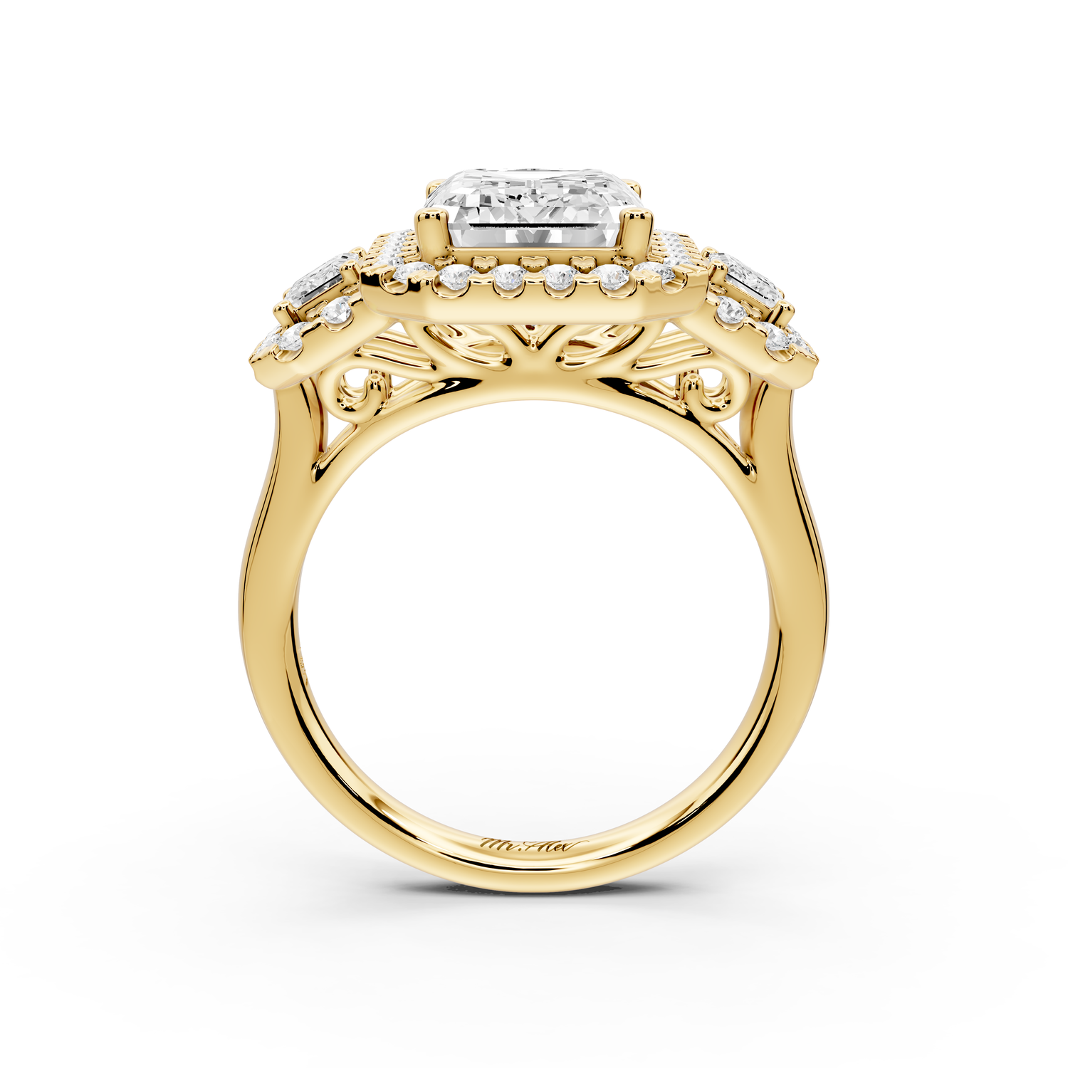 Iris - 4ct 14k yellow gold Three stone emerald Halo engagement ring
