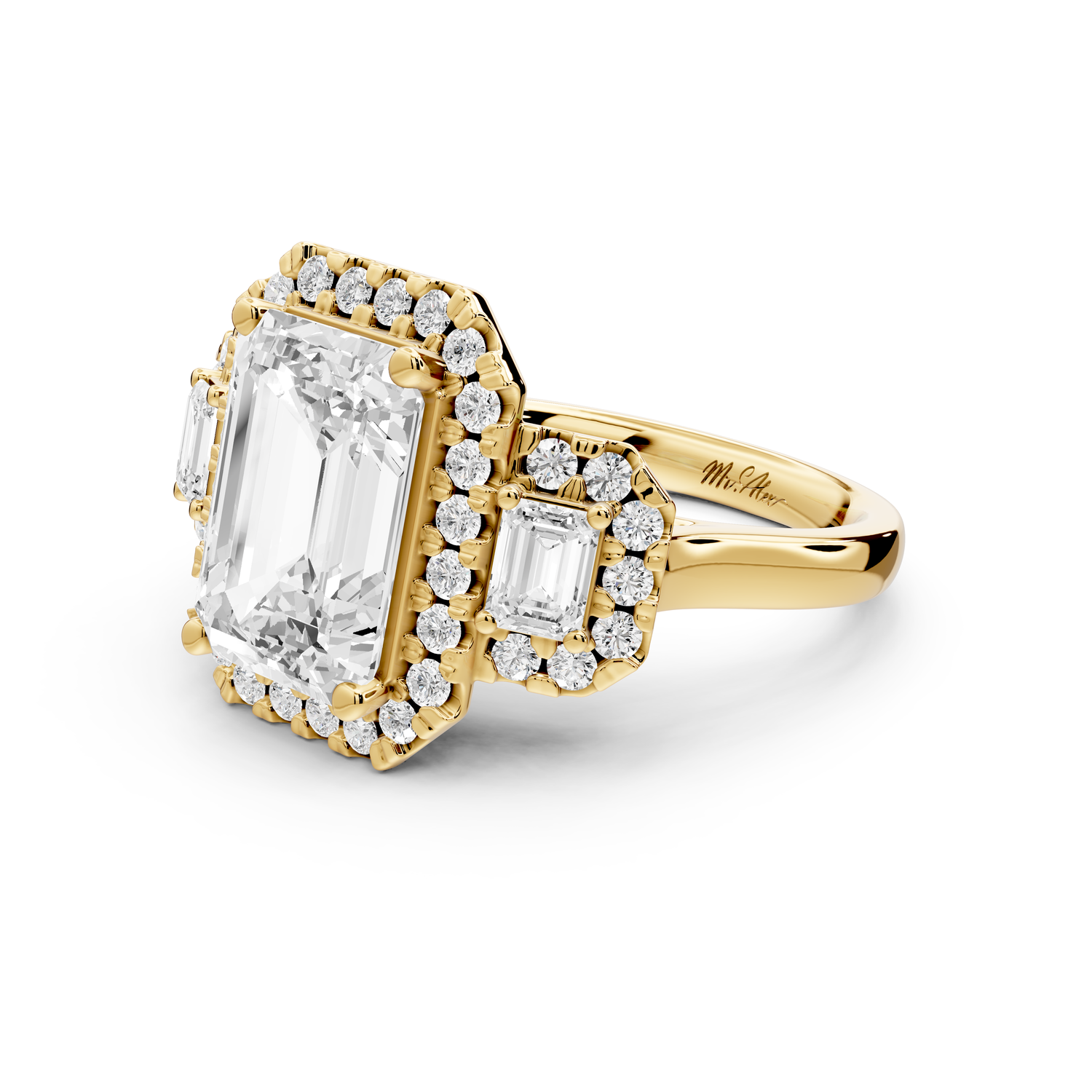 Iris - 4ct 14k yellow gold Three stone emerald Halo engagement ring