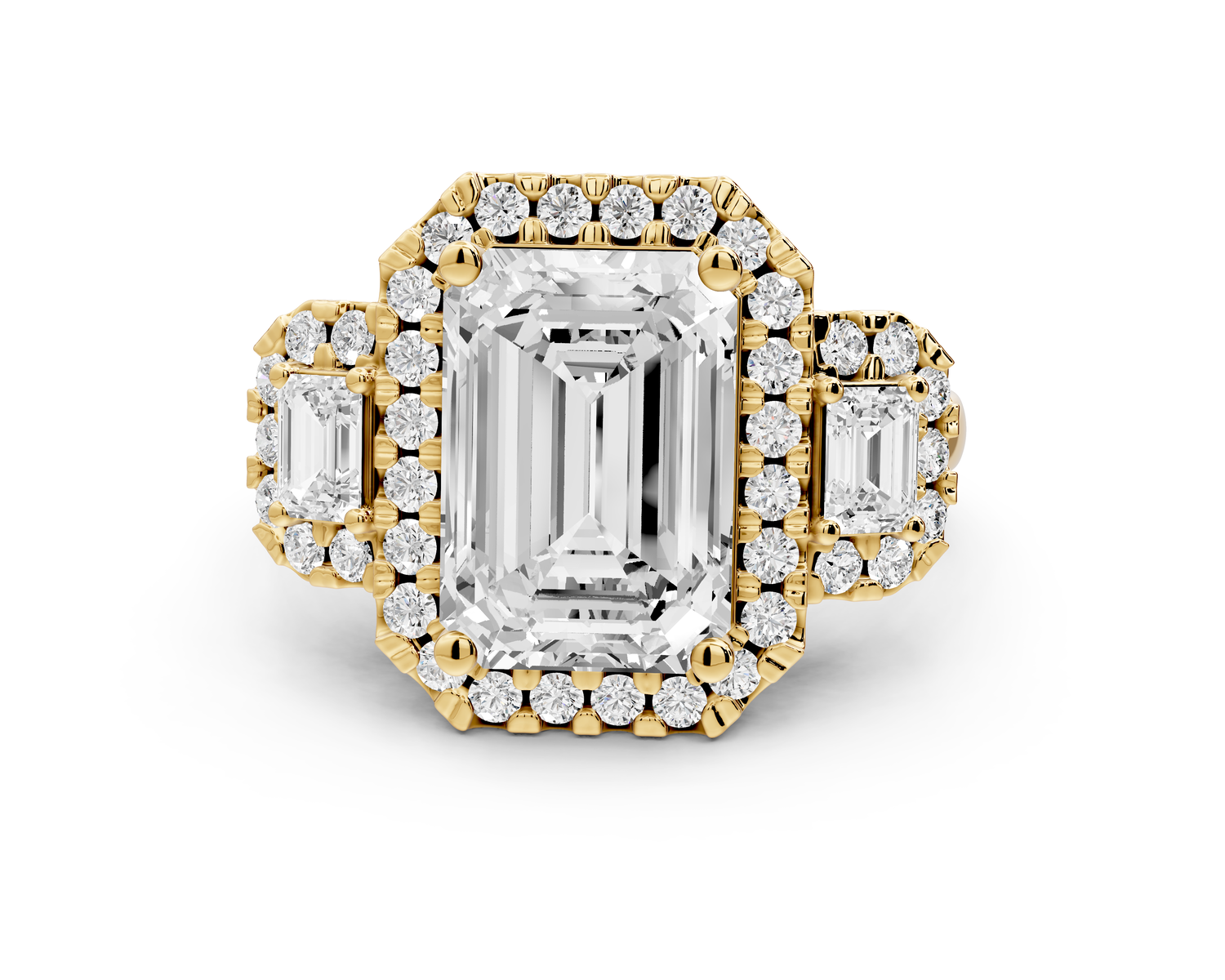 Iris - 4ct 14k yellow gold Three stone emerald Halo engagement ring