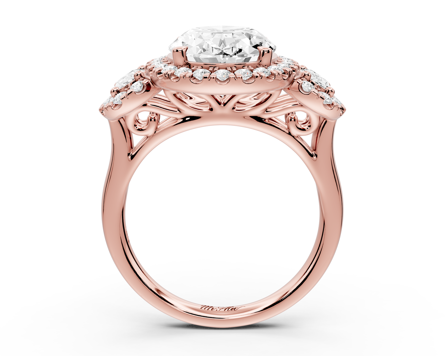 Iris - 4ct 14k rose gold Three stone oval Halo engagement ring