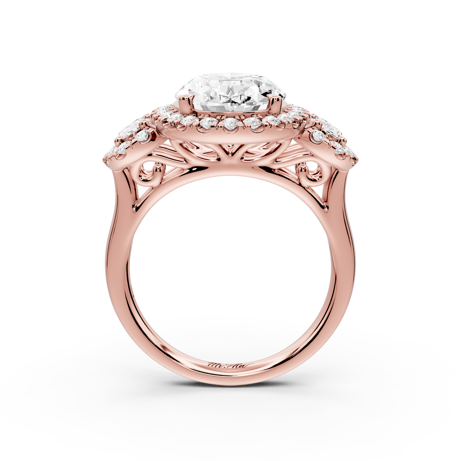 Iris - 4ct 14k rose gold Three stone oval Halo engagement ring