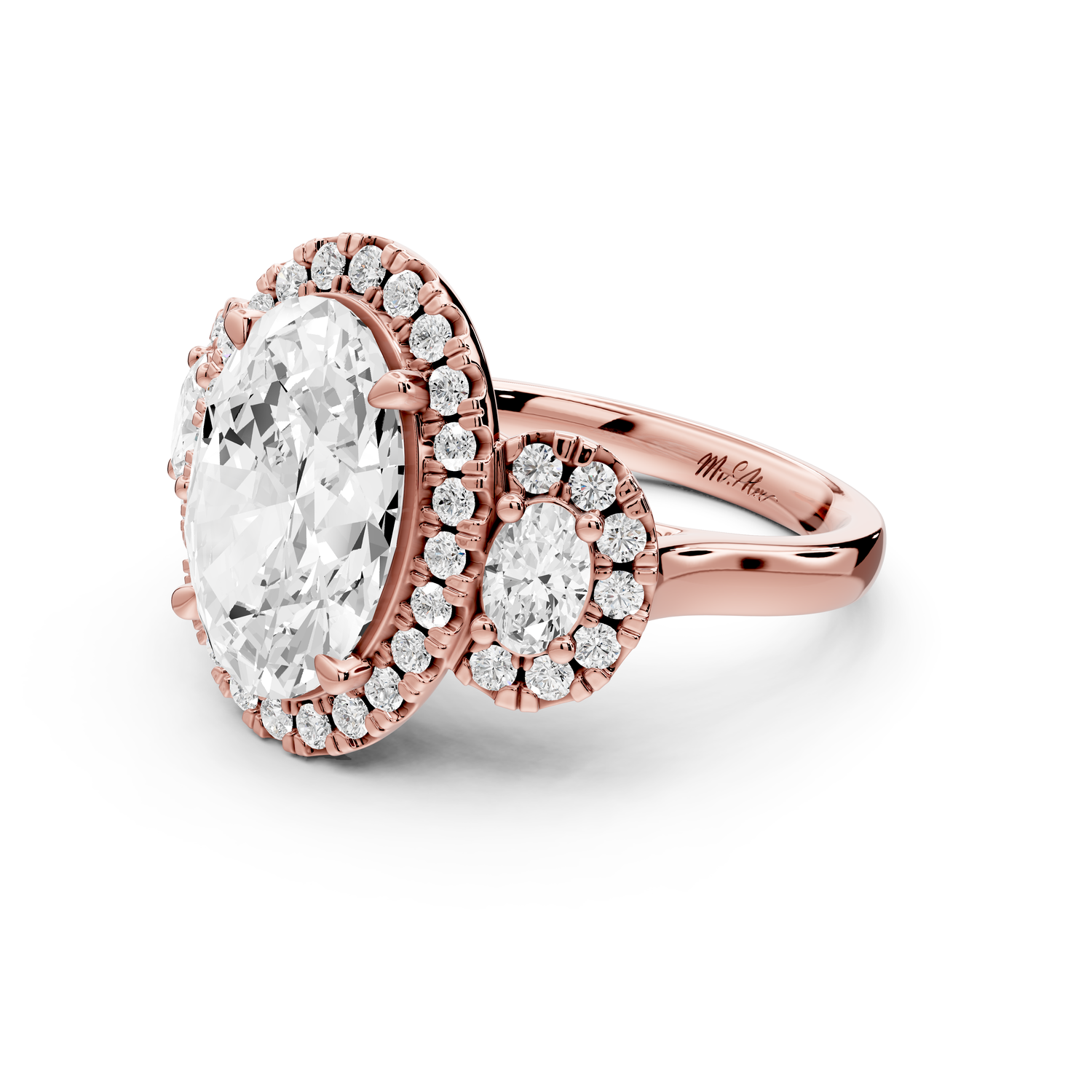 Iris - 4ct 14k rose gold Three stone oval Halo engagement ring