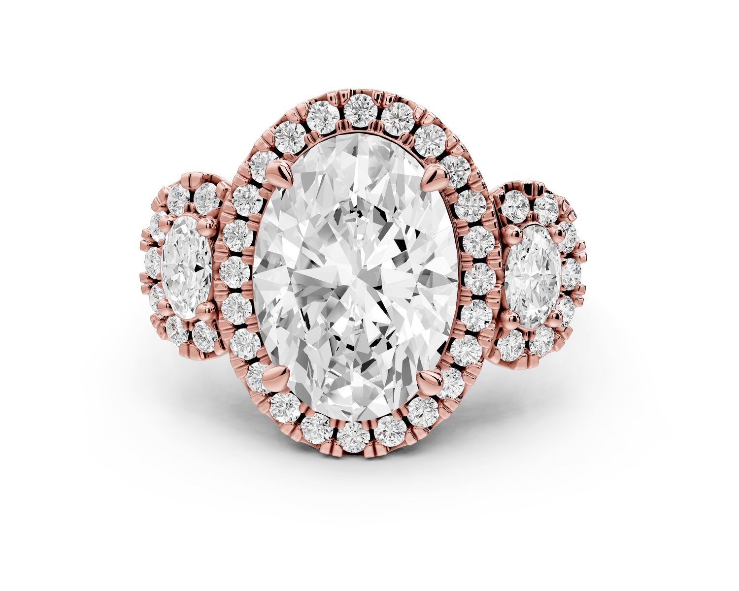 Iris - 4ct 14k rose gold Three stone oval Halo engagement ring