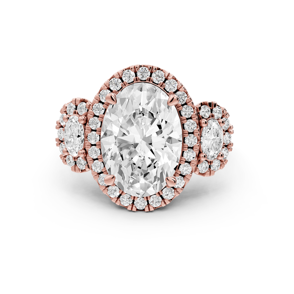Iris - 4ct 14k rose gold Three stone oval Halo engagement ring