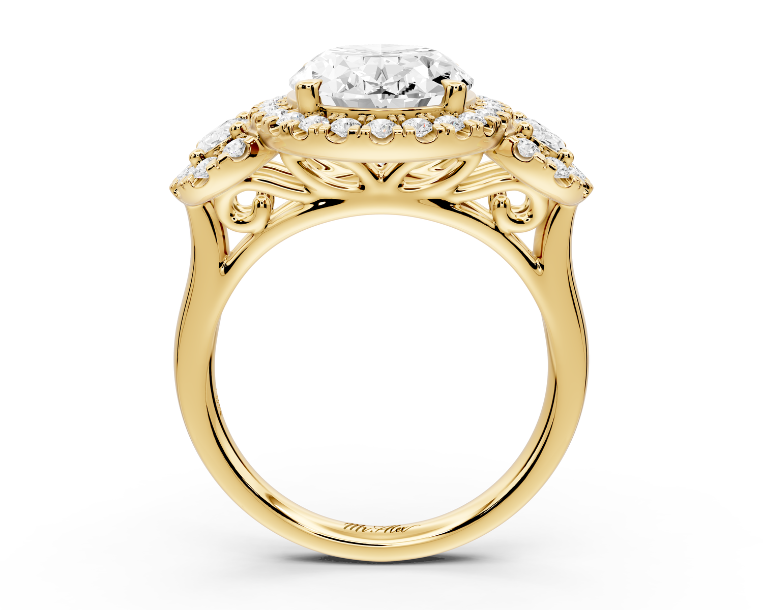 Iris - 4ct 14k yellow gold Three stone oval Halo engagement ring