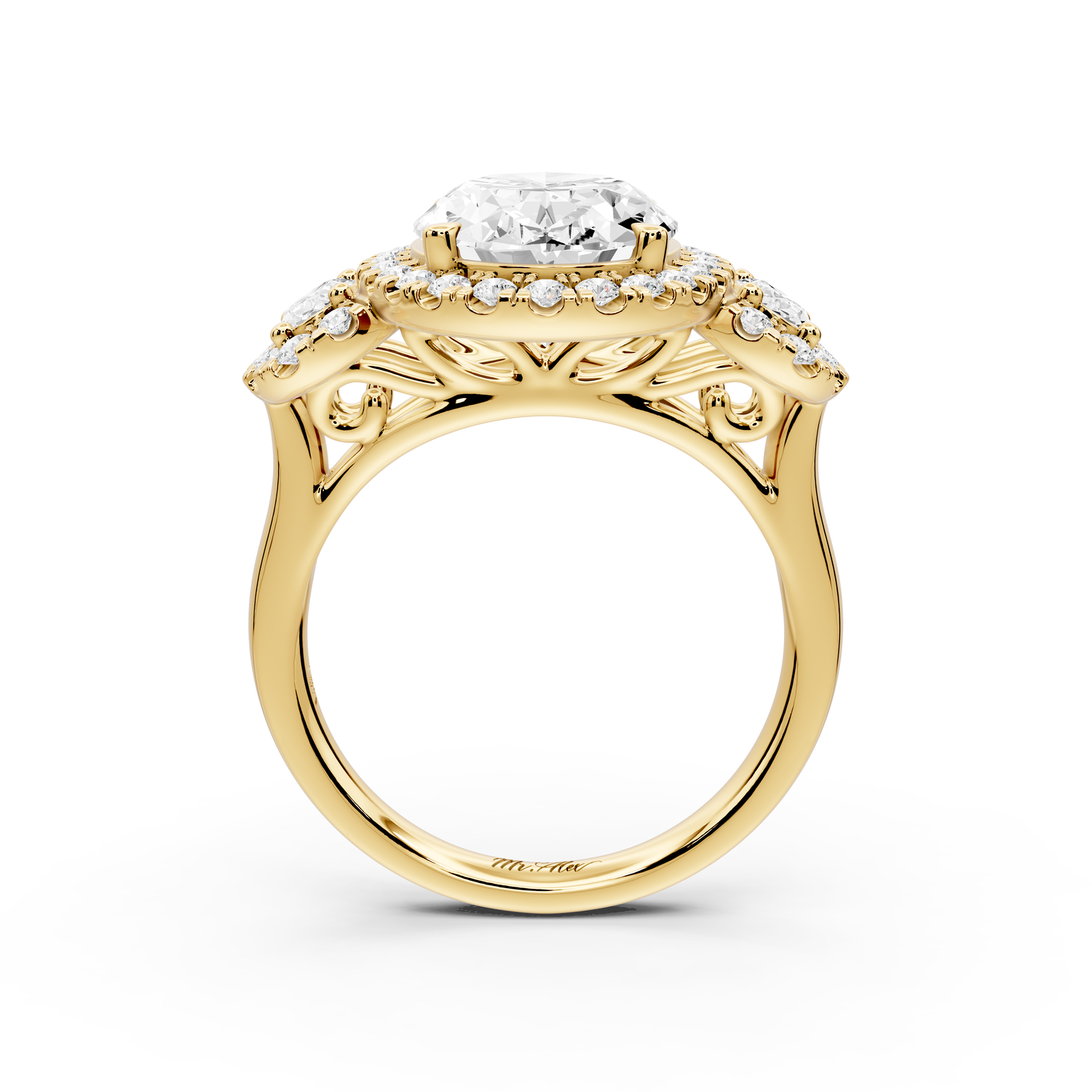 Iris - 4ct 14k yellow gold Three stone oval Halo engagement ring