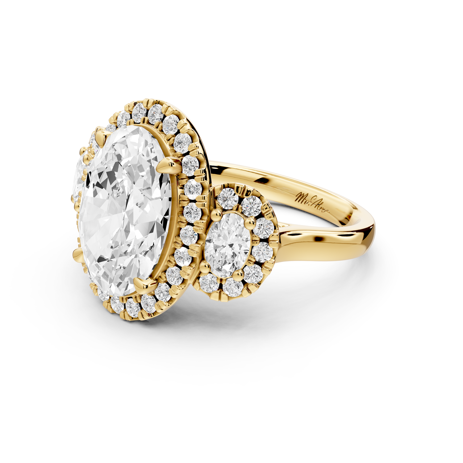Iris - 4ct 14k yellow gold Three stone oval Halo engagement ring